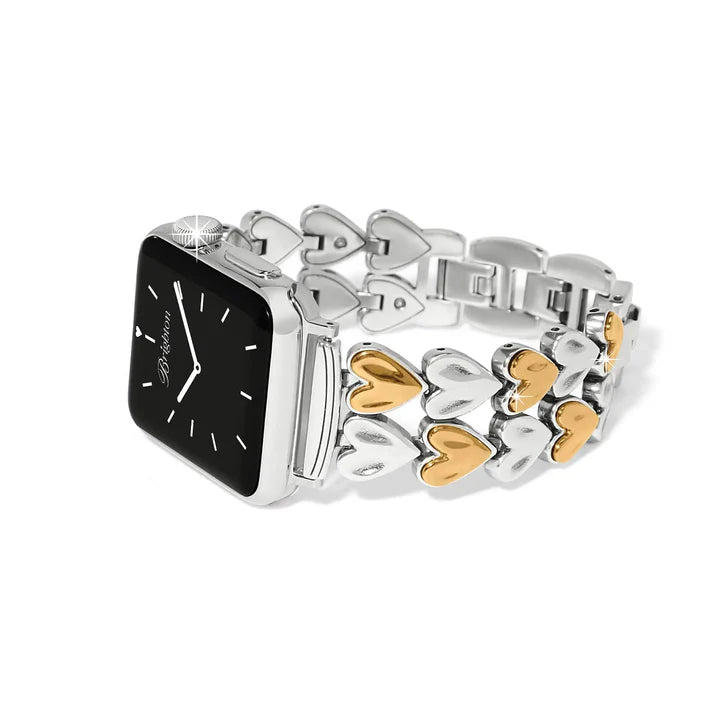 Gold and silver watch band on white background.