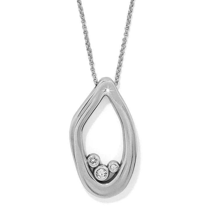 Silver pendant necklace on a white background.