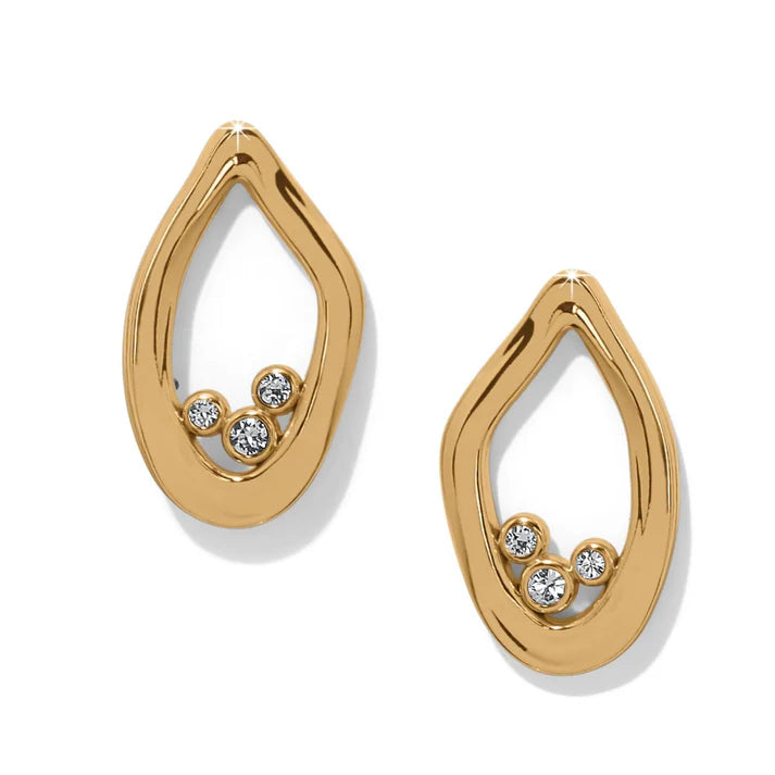 Gold earrings with crystals on a white background.