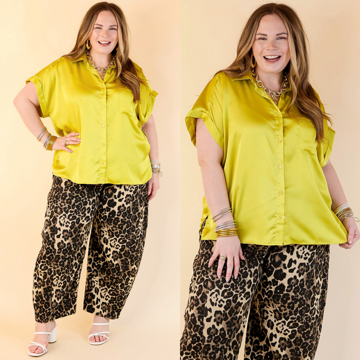 Free To Be Fab Button Up Short Sleeve Top in Chartreuse Green
