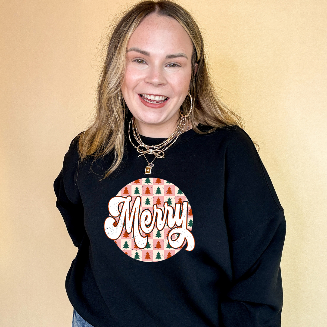 Online Exclusive | Merry on a Christmas Tree Checkered Background Graphic Sweatshirt in Multiple Color Options