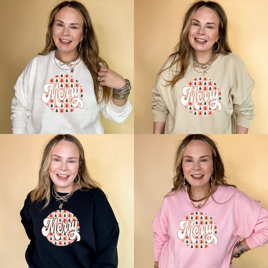 Online Exclusive | Merry on a Christmas Tree Checkered Background Graphic Sweatshirt in Multiple Color Options