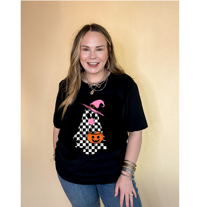 Online Exclusive | Checkered Ghost, Trick-or-Treating while Blowing Bubblegum Graphic Tee in Multiple Color Options
