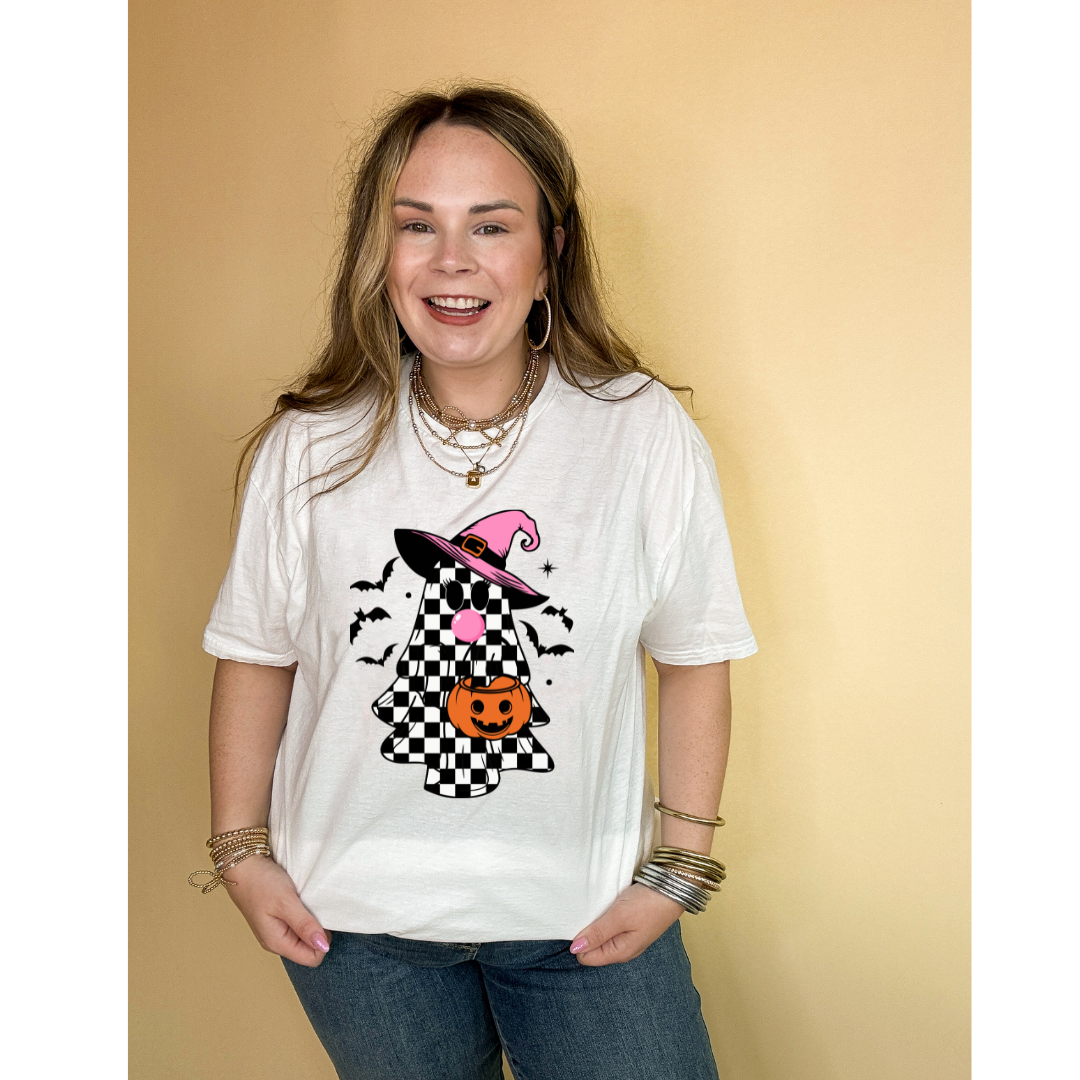 Online Exclusive | Checkered Ghost, Trick-or-Treating while Blowing Bubblegum Graphic Tee in Multiple Color Options