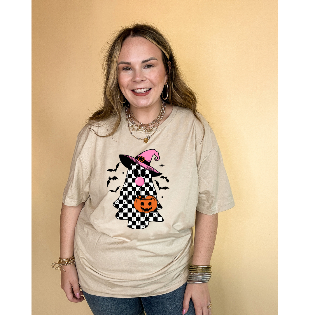 Online Exclusive | Checkered Ghost, Trick-or-Treating while Blowing Bubblegum Graphic Tee in Multiple Color Options