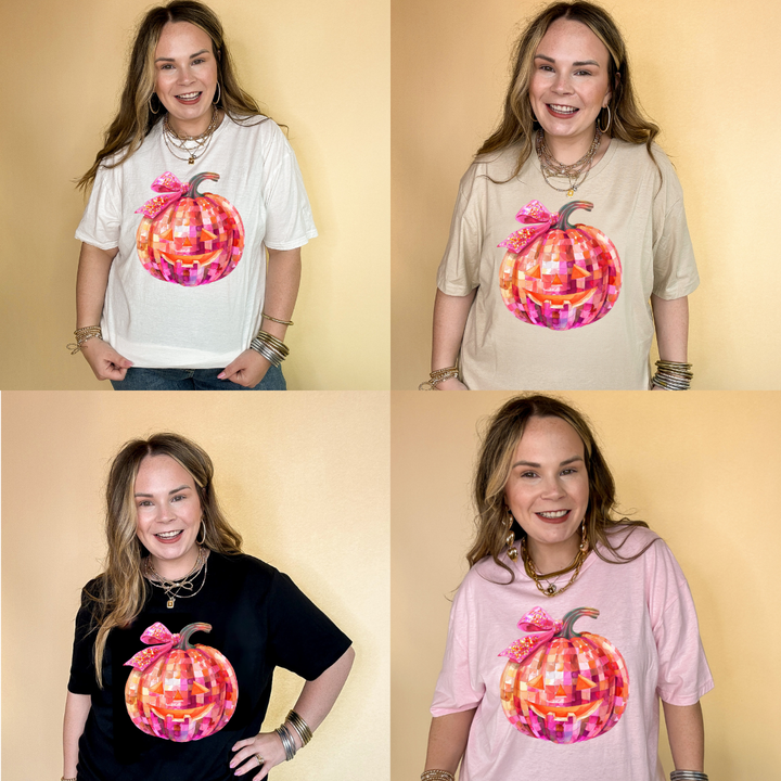 Online Exclusive |  Pink Party Pumpkin with Jack-O-Lantern Face and Half Bow Graphic Tee in Multiple Color Options