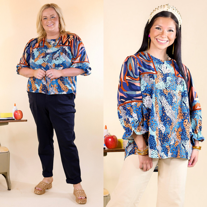 Last Chance Size Small | Unapologetically Unique Cheetah and Paintbrush Pattern Top In Blue Mix