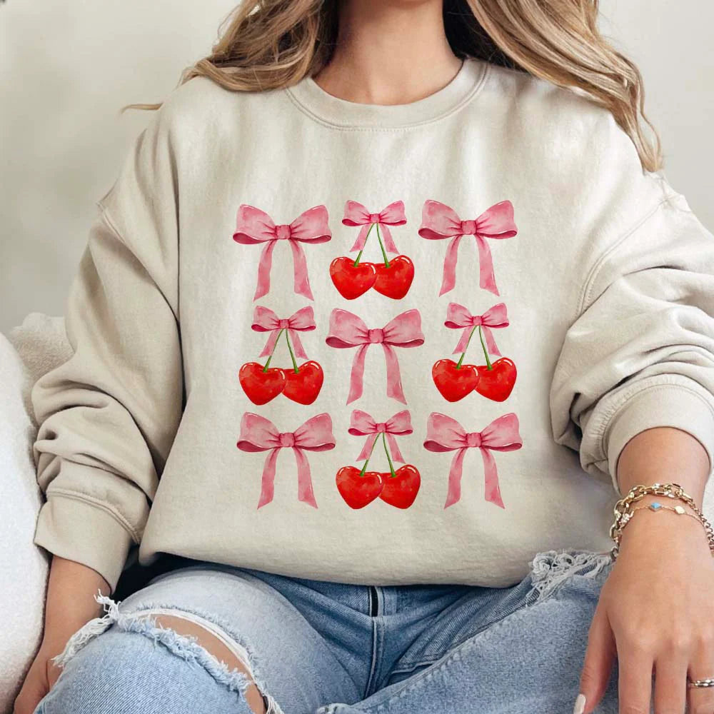 Online Exclusive | Cherry Bow Coquette Long Sleeve Graphic Sweatshirt in Cream - Giddy Up Glamour Boutique