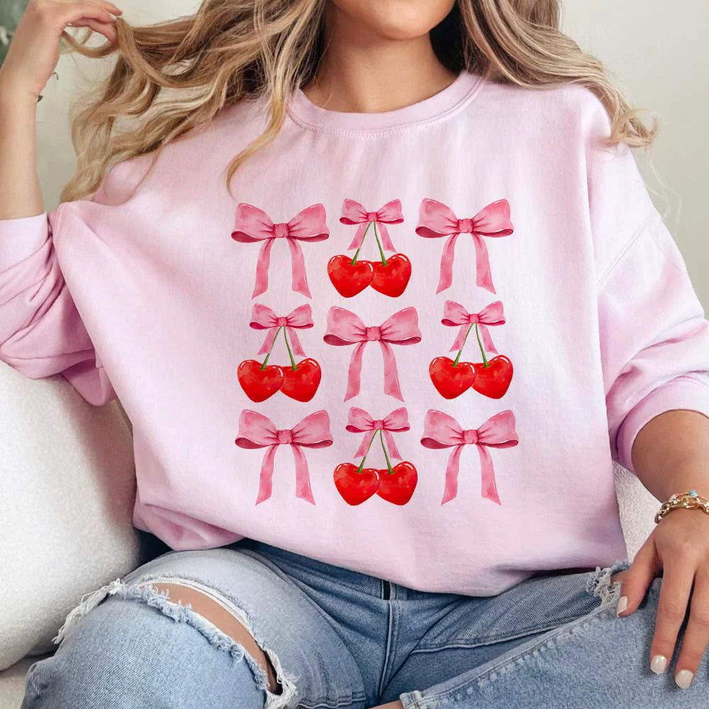 Online Exclusive | Cherry Bow Coquette Long Sleeve Graphic Sweatshirt in Pink - Giddy Up Glamour Boutique