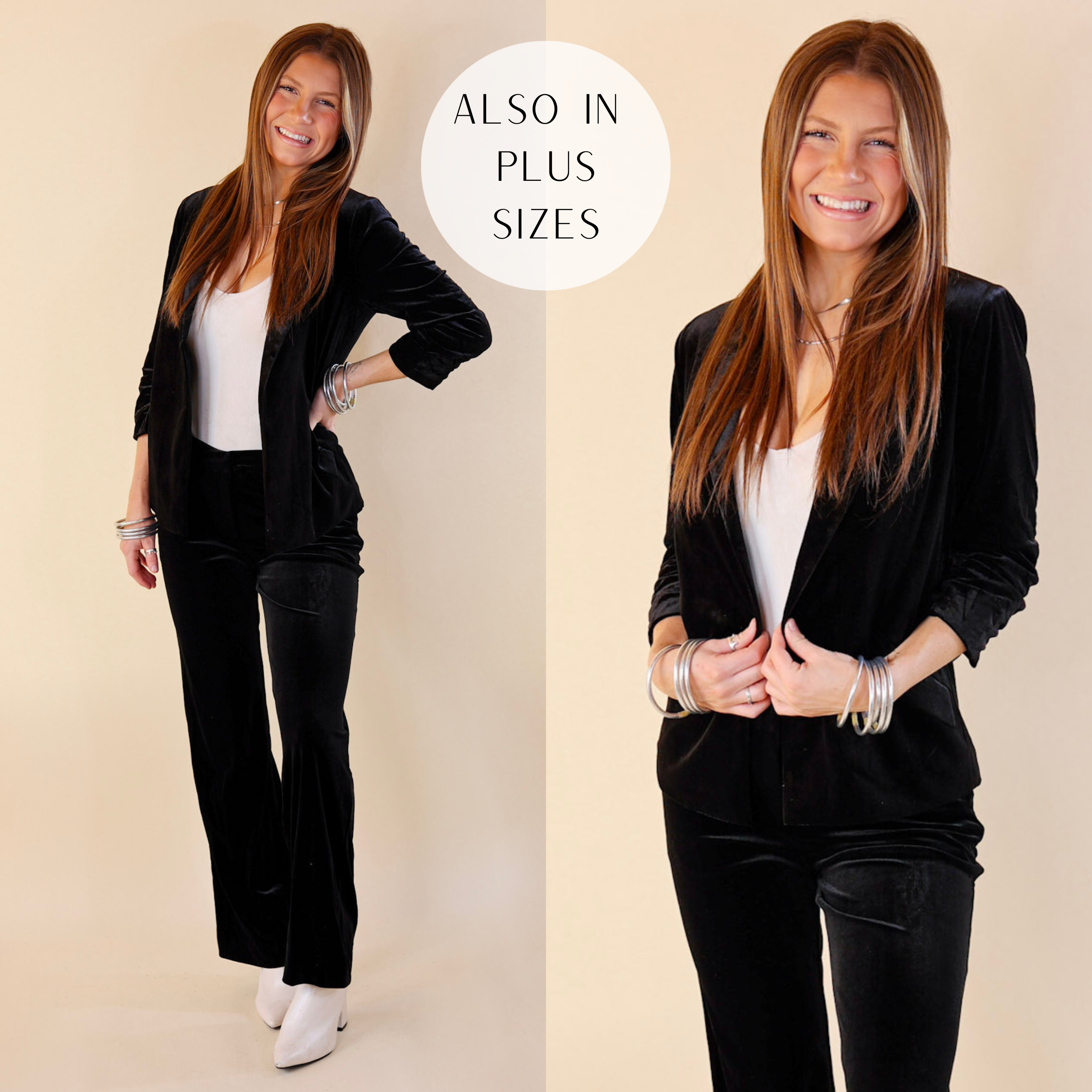 Model is wearing the Chic Velvet black blazer paired with the Chic black Trousers, white booties, and silver jewelry. 