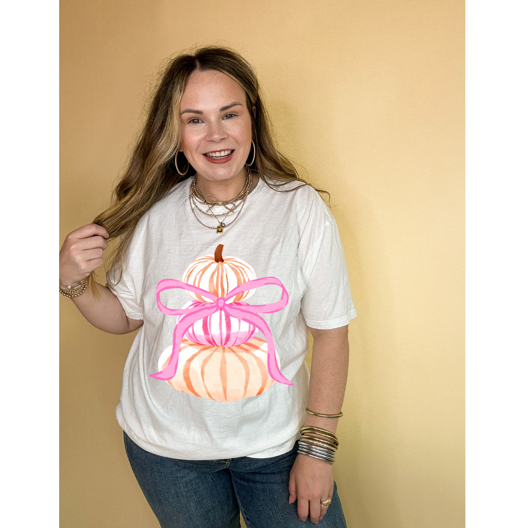 Online Exclusive |  Chic Orange and Pink Pile of Pumpkins with Giant Pink Bow Graphic Tee in Multiple Colors