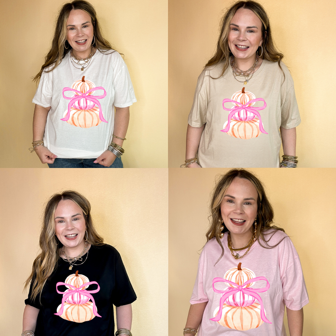 Online Exclusive |  Chic Orange and Pink Pile of Pumpkins with Giant Pink Bow Graphic Tee in Multiple Colors