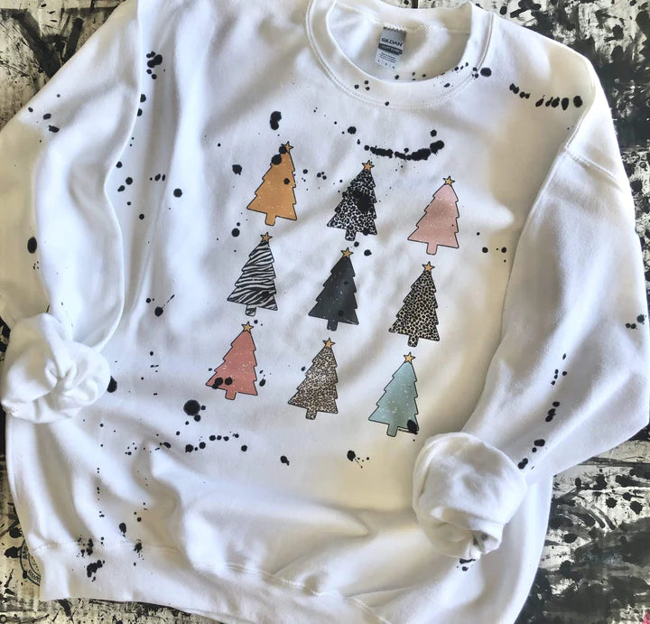 Online Exclusive | Multi Print Christmas Tree Splatter Paint Graphic Sweatshirt in White - Giddy Up Glamour Boutique