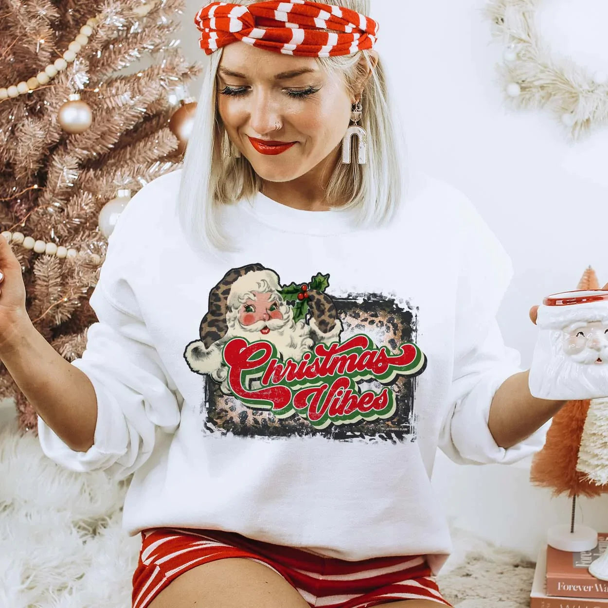 Online Exclusive | Christmas Vibes Long Sleeve Graphic Fleece Sweatshirt in White - Giddy Up Glamour Boutique