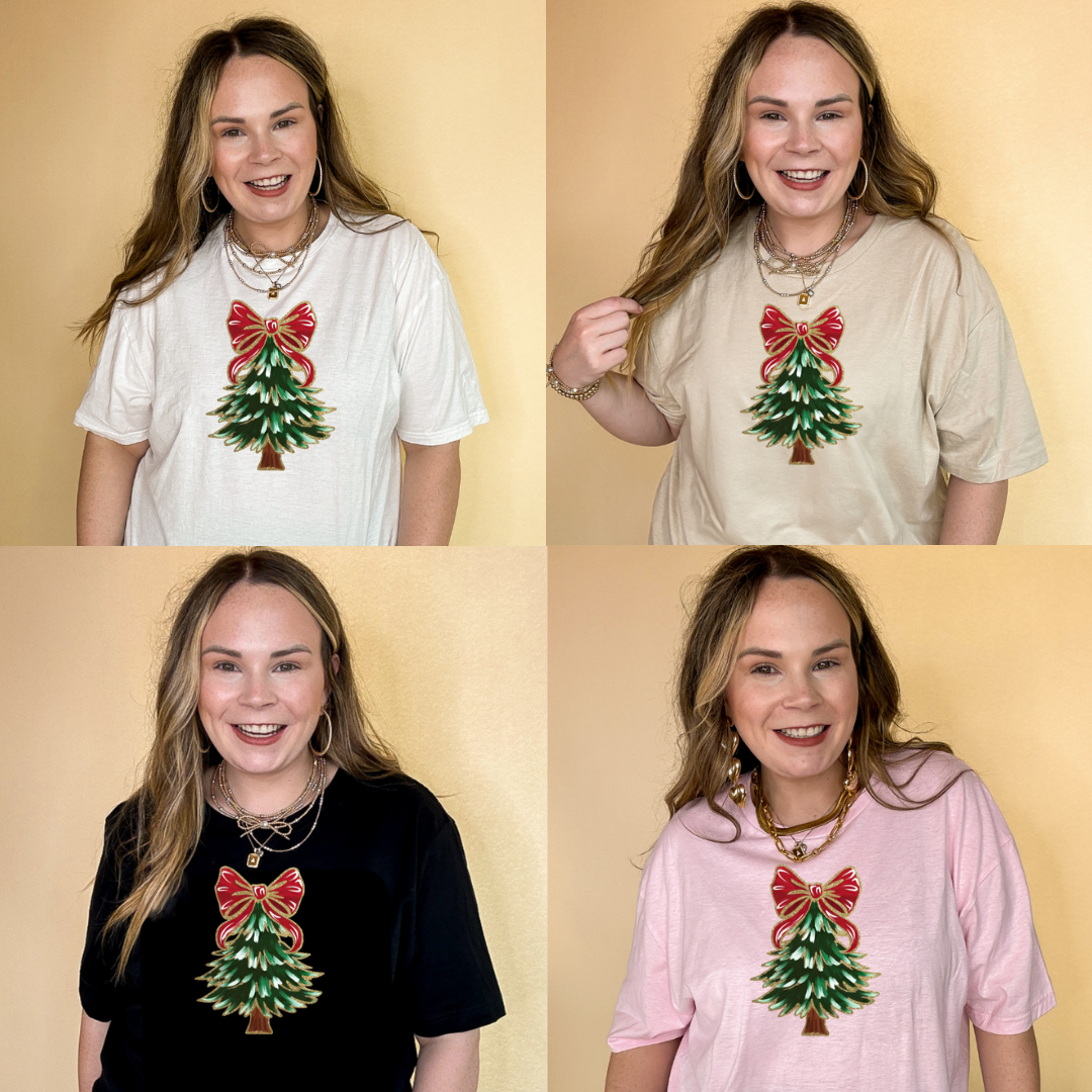 Online Exclusive | Christmas Tree with Red and Gold Bow Graphic Tee in Multiple Color Options