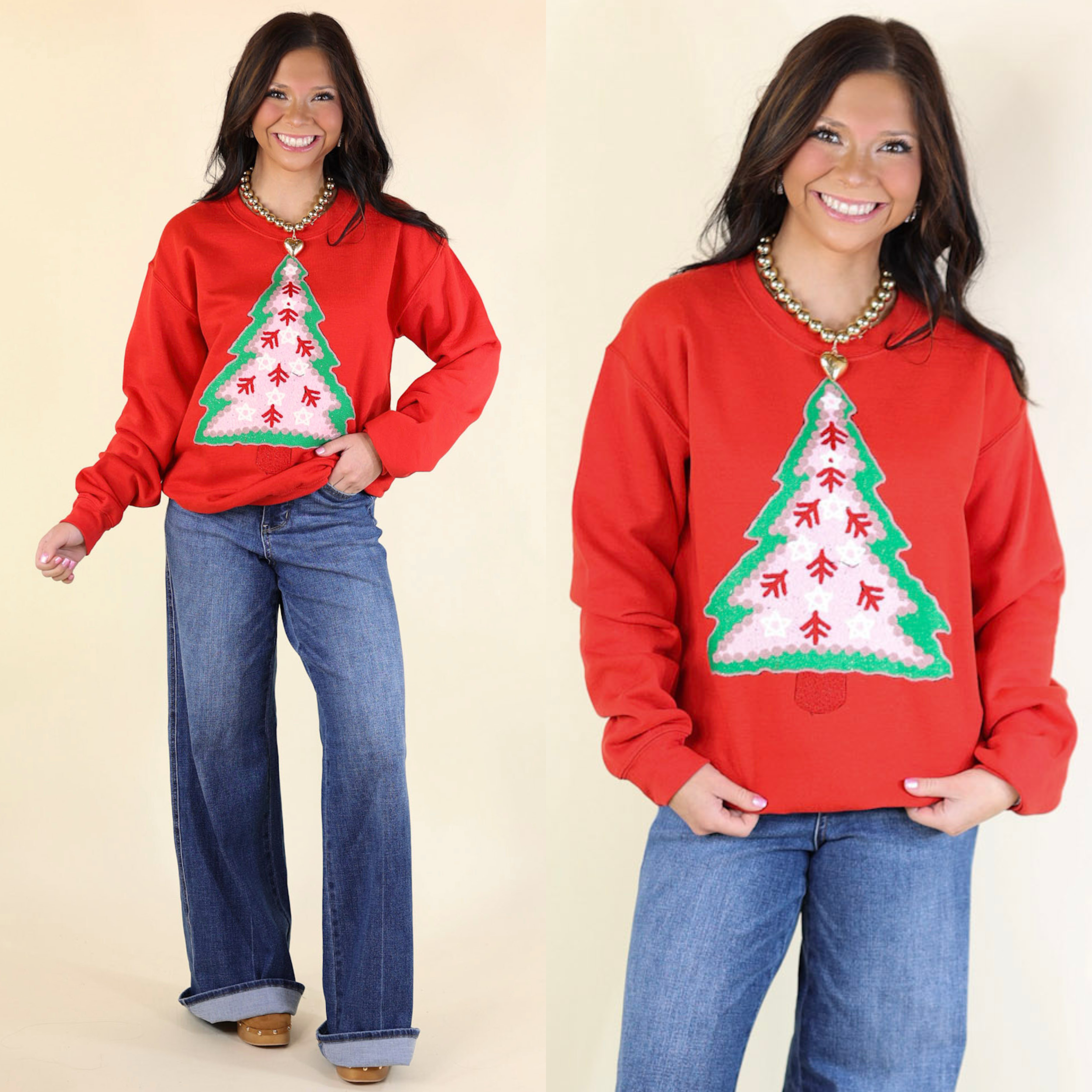 Green Christmas Tree Hand Stitched Graphic Sweatshirt in Red