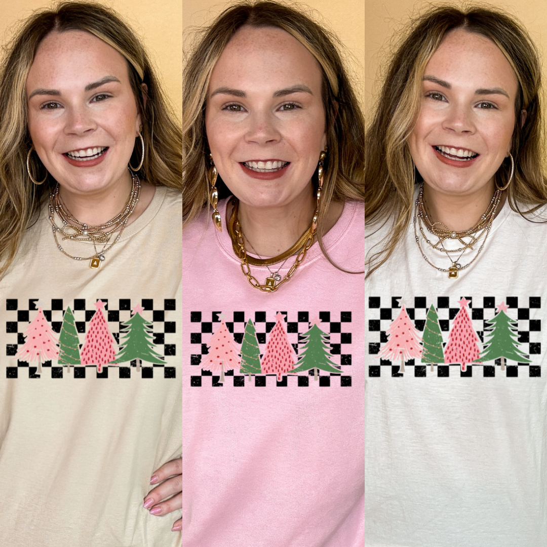 Online Exclusive | Holiday Trees on Checkered Background Graphic Sweatshirt in Multiple Color Options