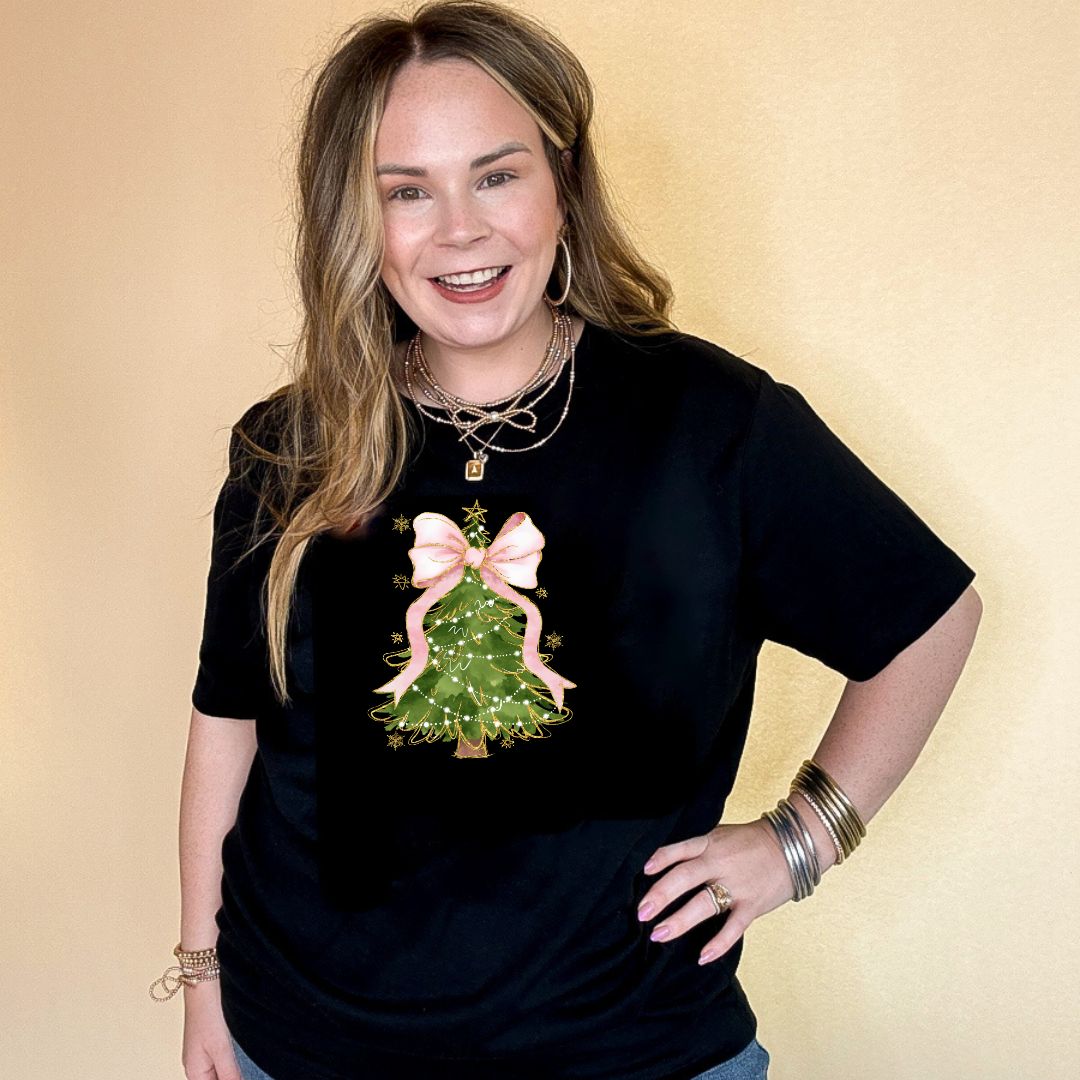 Online Exclusive | Pink Bow Christmas Tree with Gold Accents Graphic Tee in Multiple Color Options