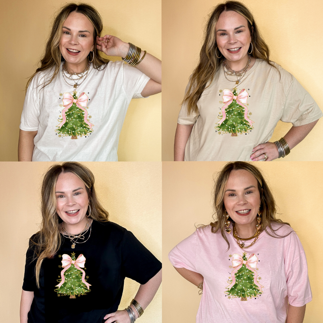 Online Exclusive | Pink Bow Christmas Tree with Gold Accents Graphic Tee in Multiple Color Options