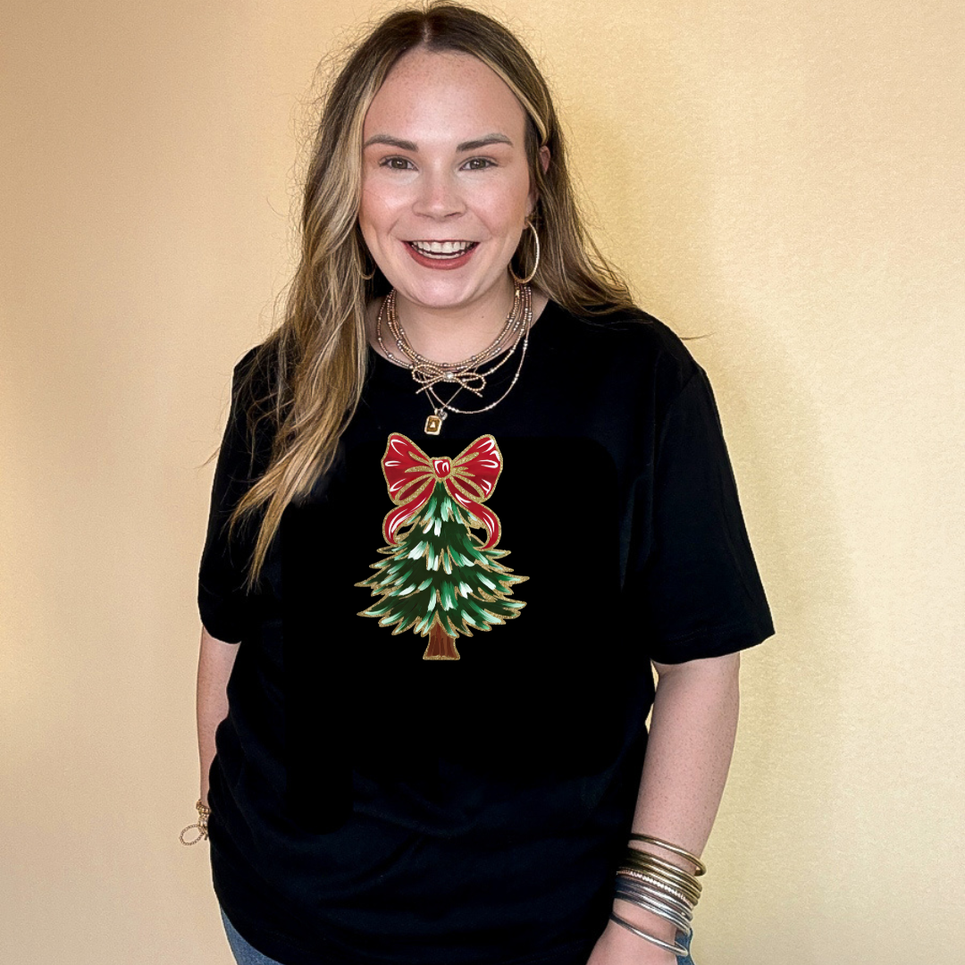 Online Exclusive | Christmas Tree with Red and Gold Bow Graphic Tee in Multiple Color Options