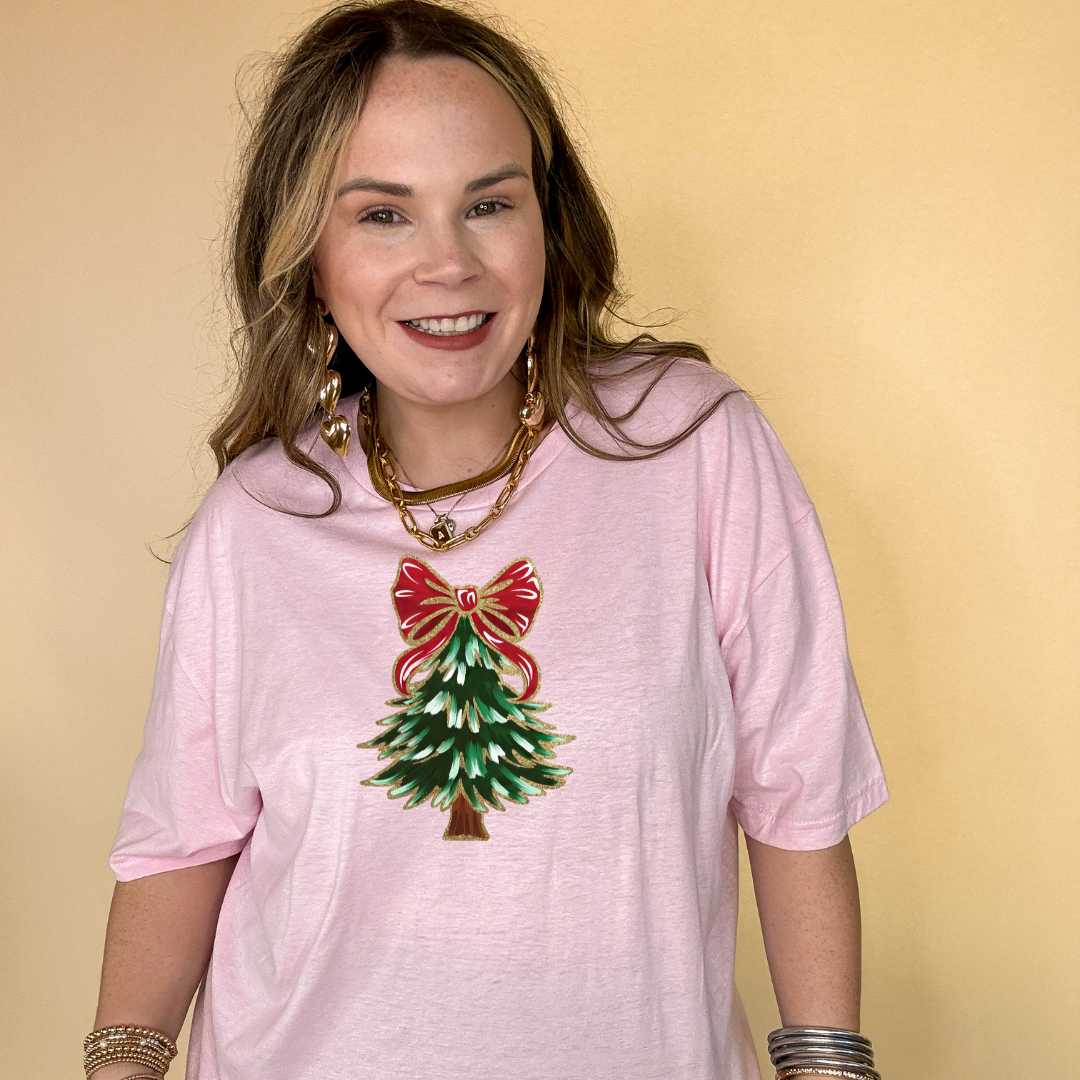 Online Exclusive | Christmas Tree with Red and Gold Bow Graphic Tee in Multiple Color Options