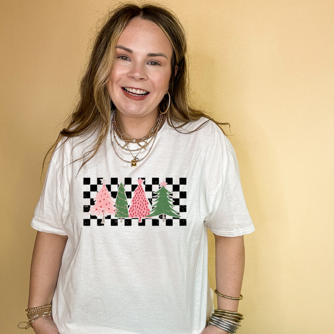 Online Exclusive | Holiday Trees on Checkered Background Graphic Tee in Multiple Color Options