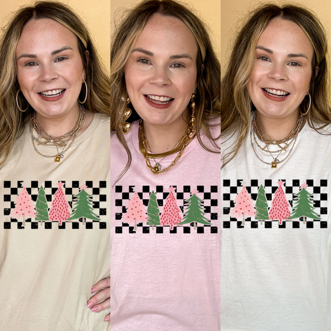 Online Exclusive | Holiday Trees on Checkered Background Graphic Tee in Multiple Color Options