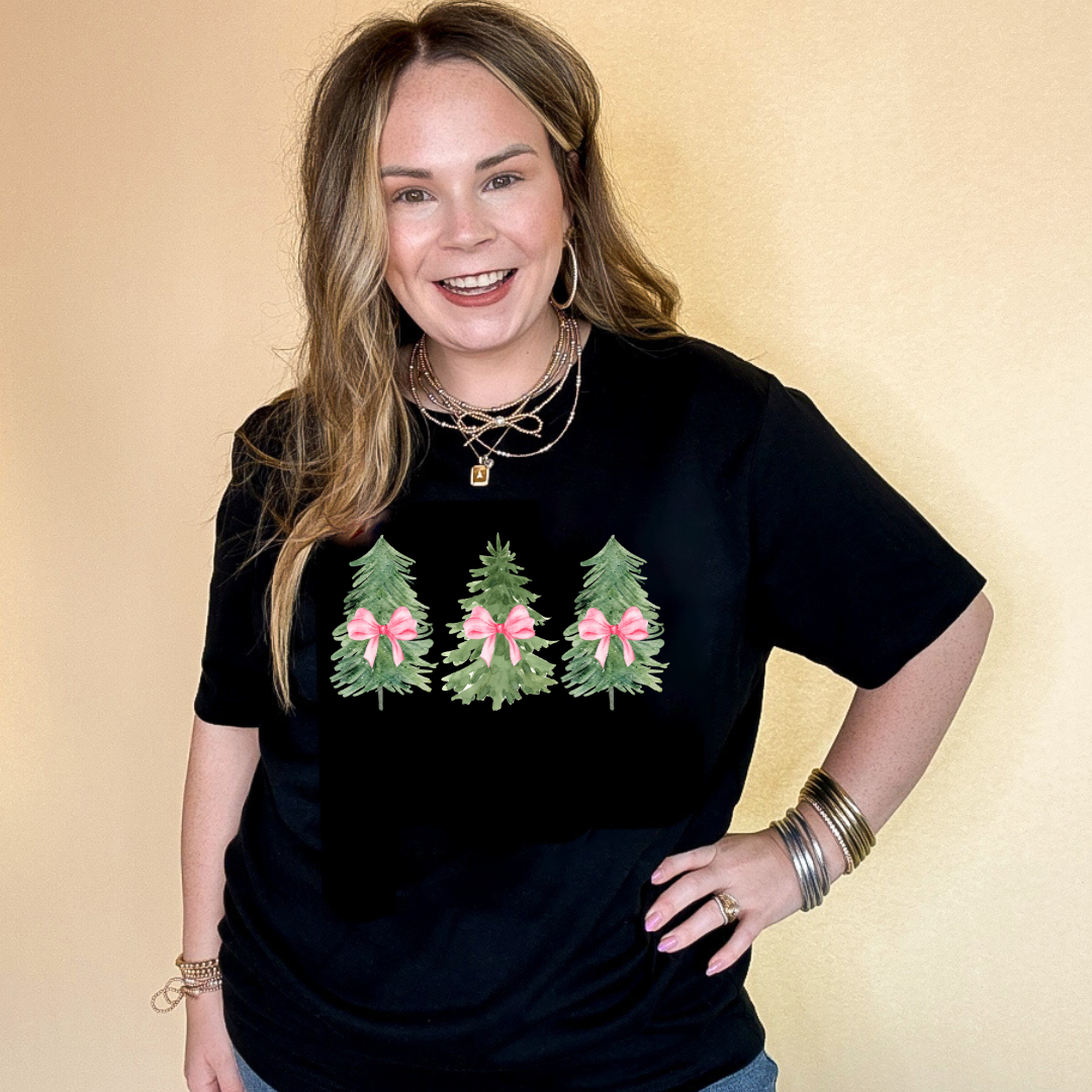 Online Exclusive | Trio Christmas Trees with Pink Bows Graphic Tee in Multiple Color Options