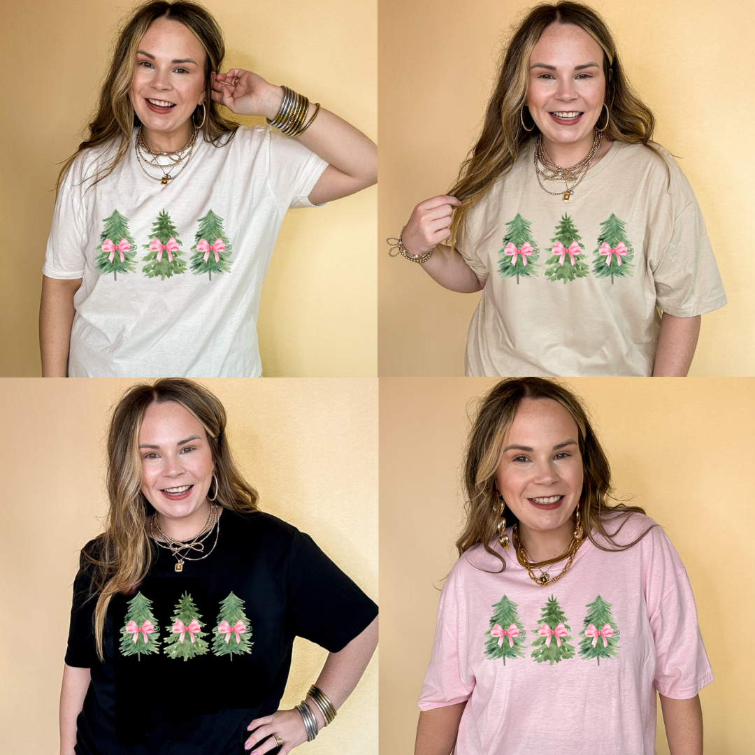 Online Exclusive | Trio Christmas Trees with Pink Bows Graphic Tee in Multiple Color Options