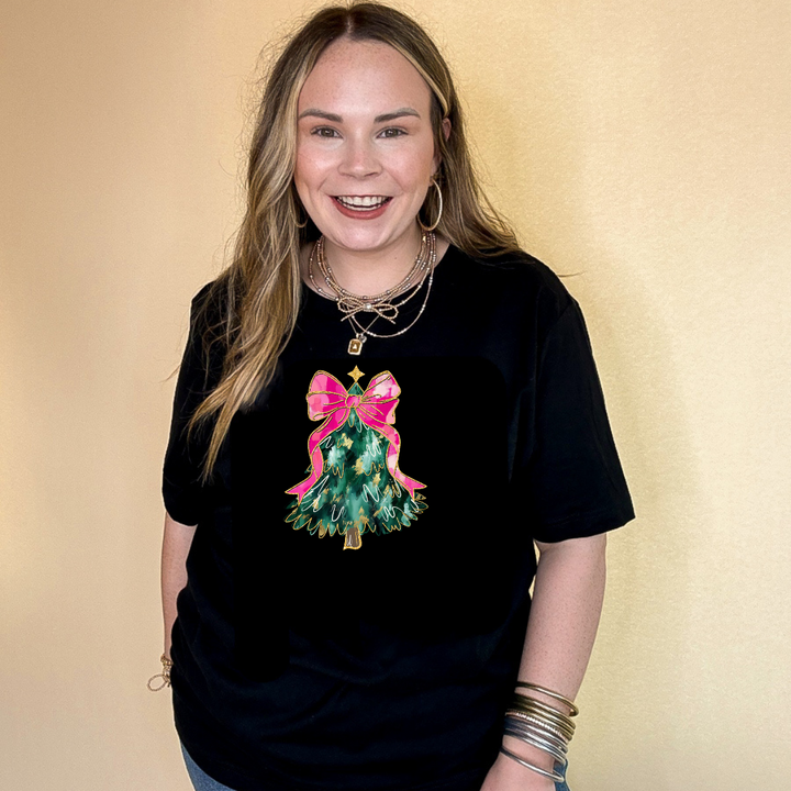 Christmas Tree with Pink Bow Graphic Tee in Multiple Color Options