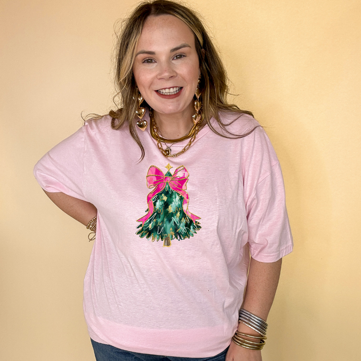 Christmas Tree with Pink Bow Graphic Tee in Multiple Color Options