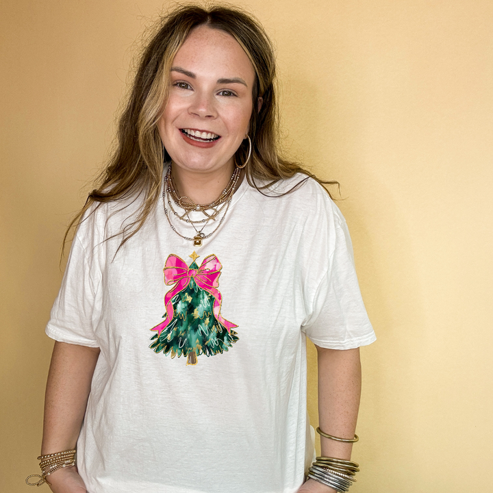 Christmas Tree with Pink Bow Graphic Tee in Multiple Color Options