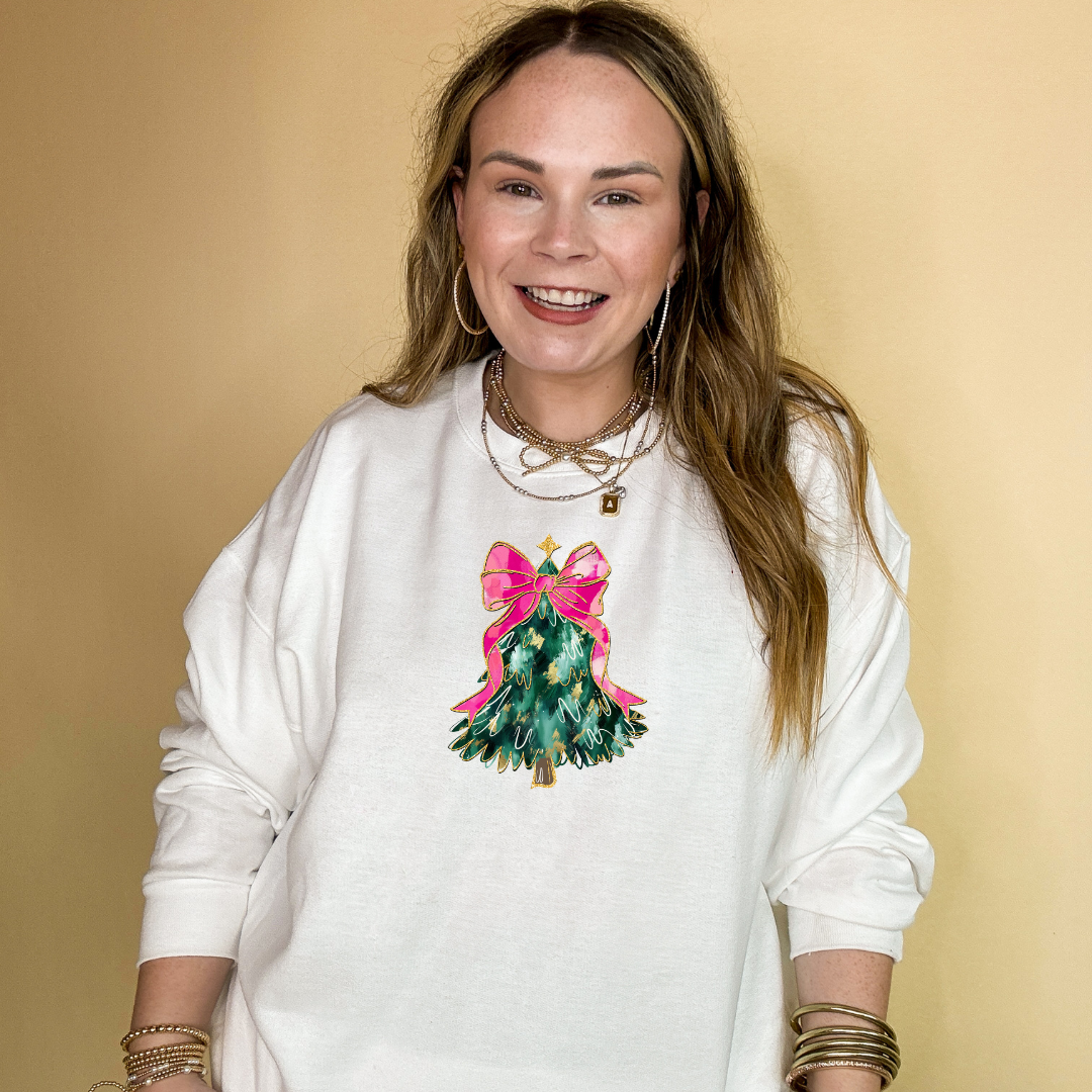 Online Exclusive | Christmas Tree with Pink Bow Graphic Sweatshirt in Multiple Color Options