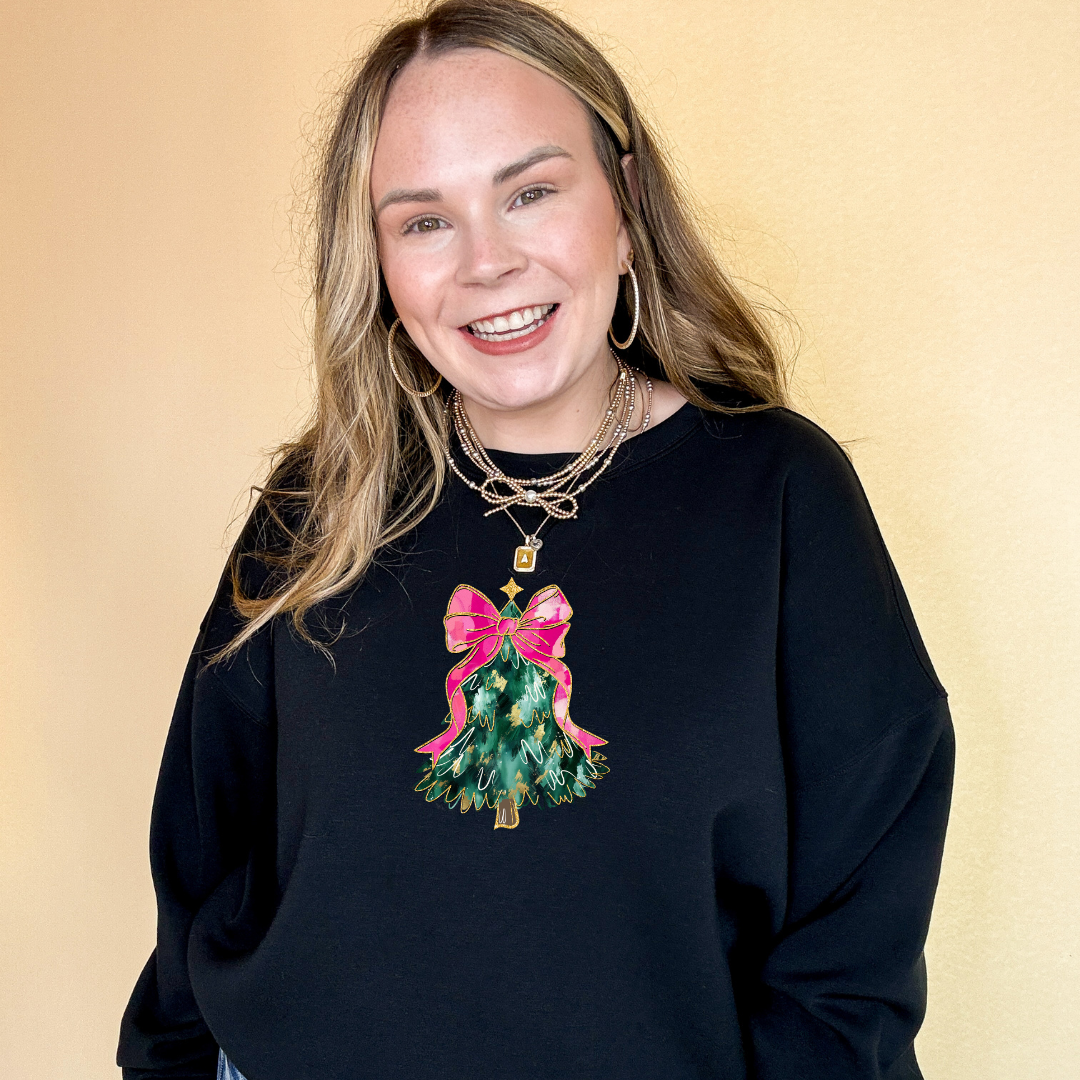 Online Exclusive | Christmas Tree with Pink Bow Graphic Sweatshirt in Multiple Color Options