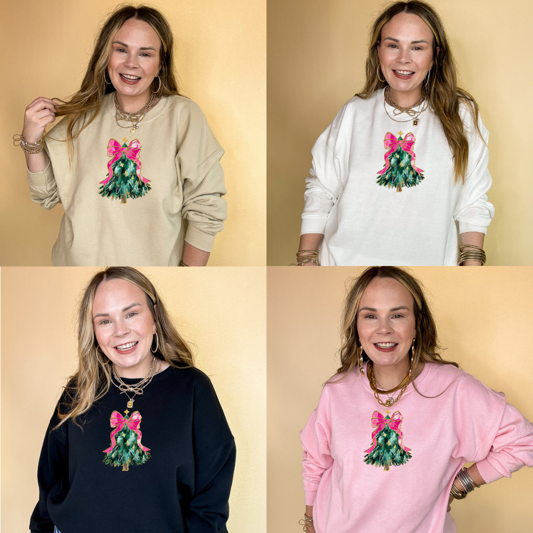 Online Exclusive | Christmas Tree with Pink Bow Graphic Sweatshirt in Multiple Color Options