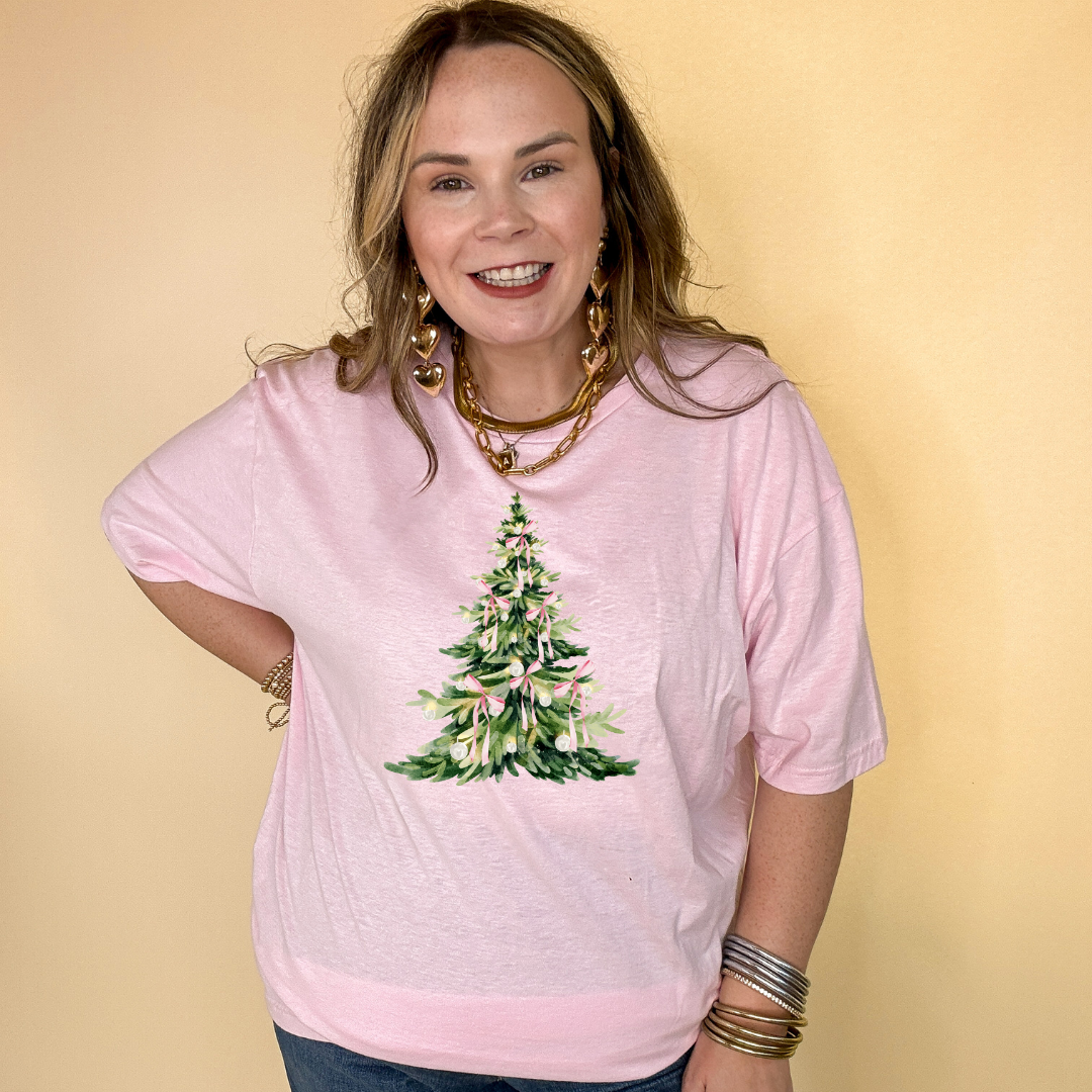 Online Exclusive | Coquette Light Pink Bow Christmas Tree Graphic Tee in Multiple Color Option