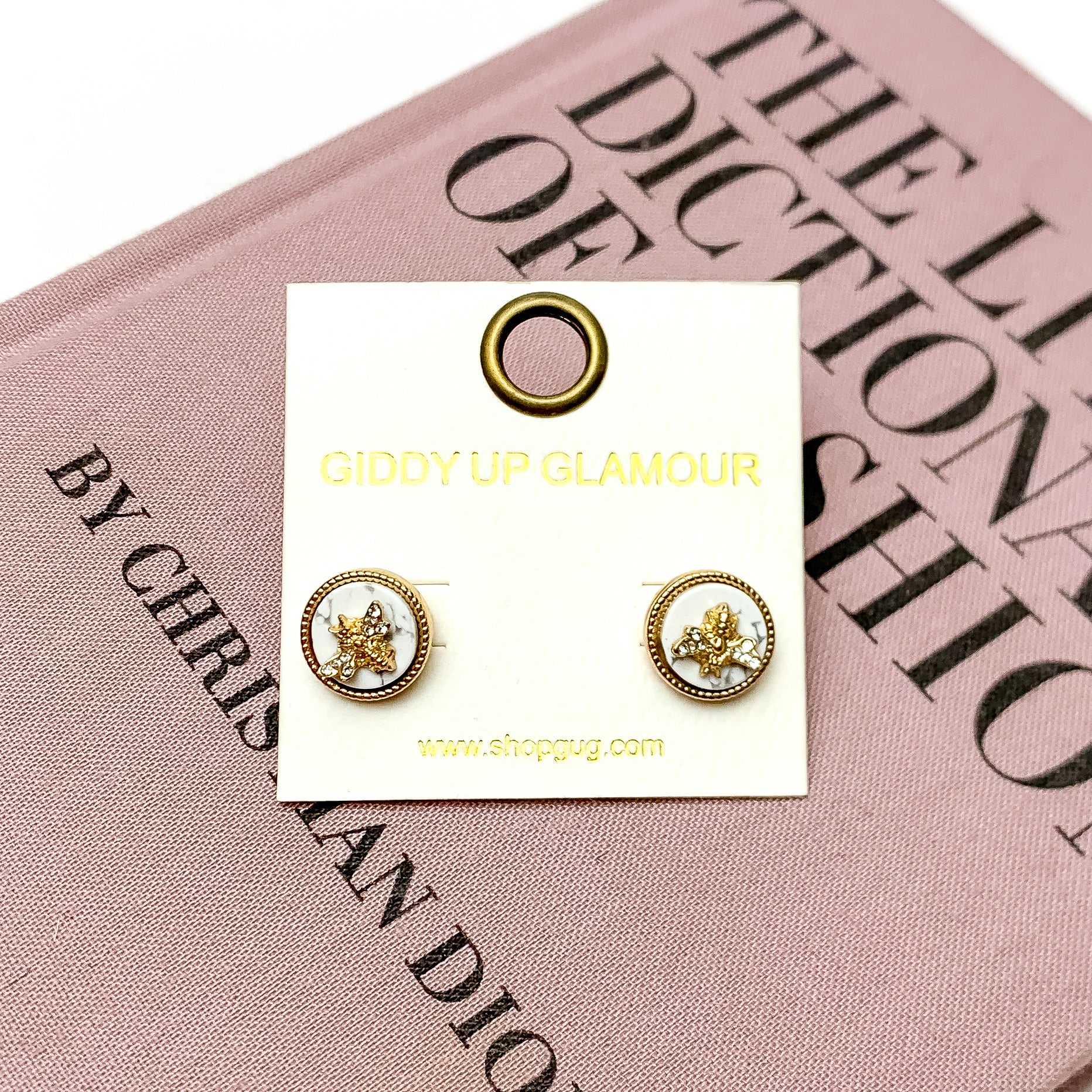 Gold Tone Bumble Bee Circle Stud Earrings in White - Giddy Up Glamour Boutique
