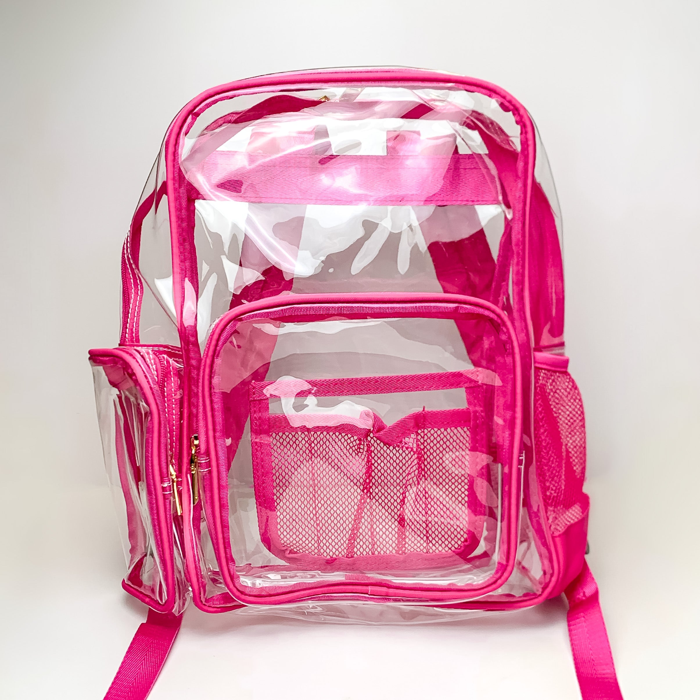Pictured on a white background is a clear backpack with a fuchsia outline, fuchsia mesh pockets, and gold hardware. 