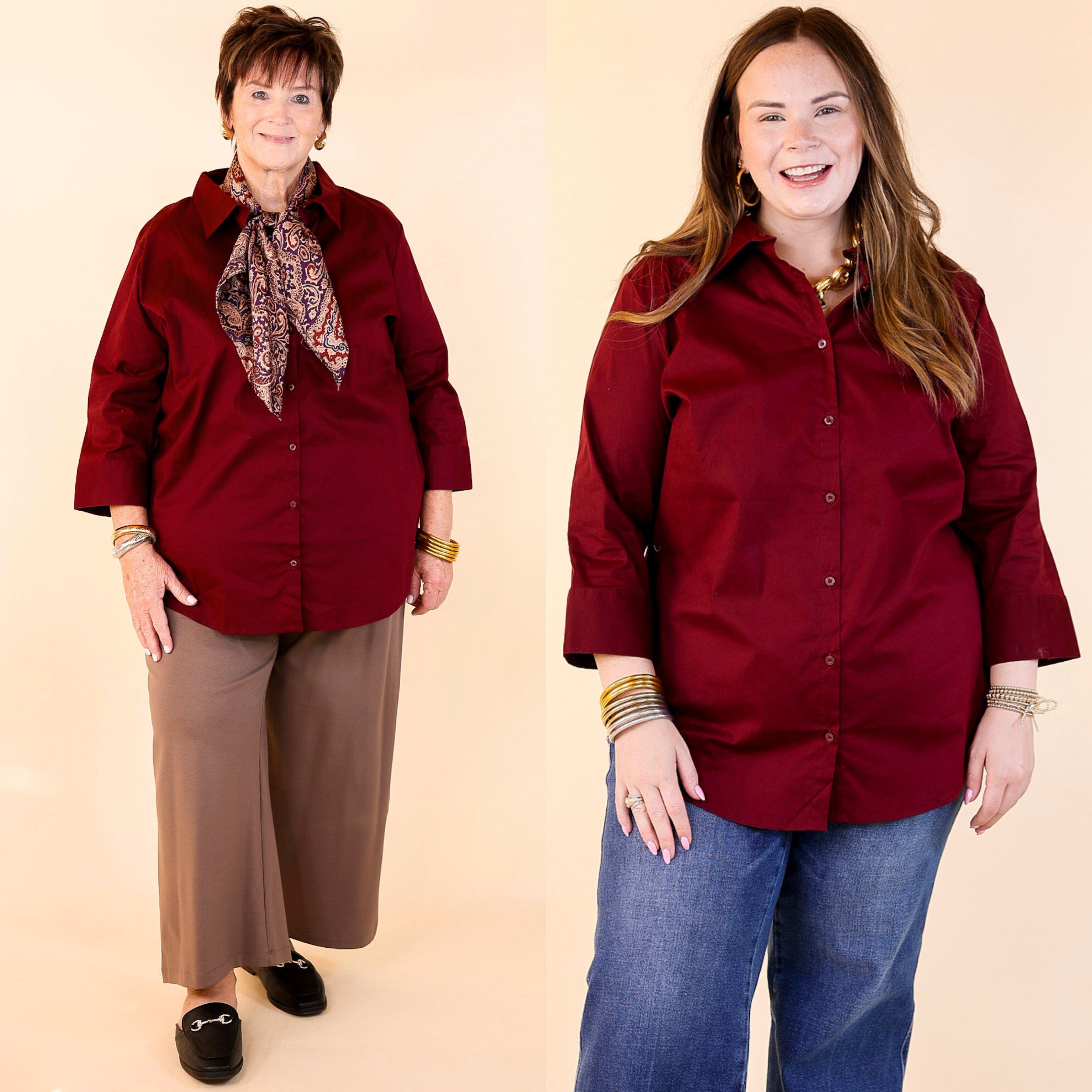 Simply Chic Collared Button Up Top with 3/4 Sleeves in Maroon