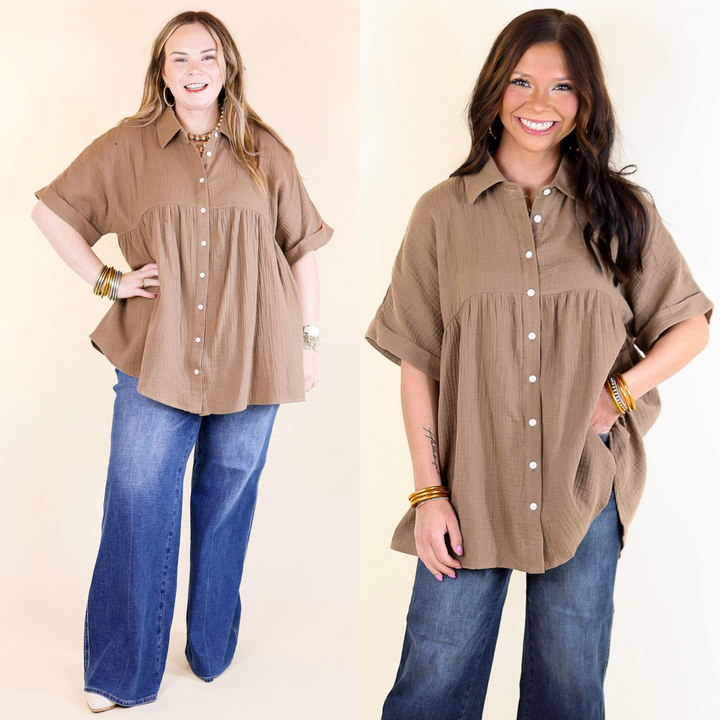 Mellow Mood Collared Button Up Babydoll Top in Mocha Brown