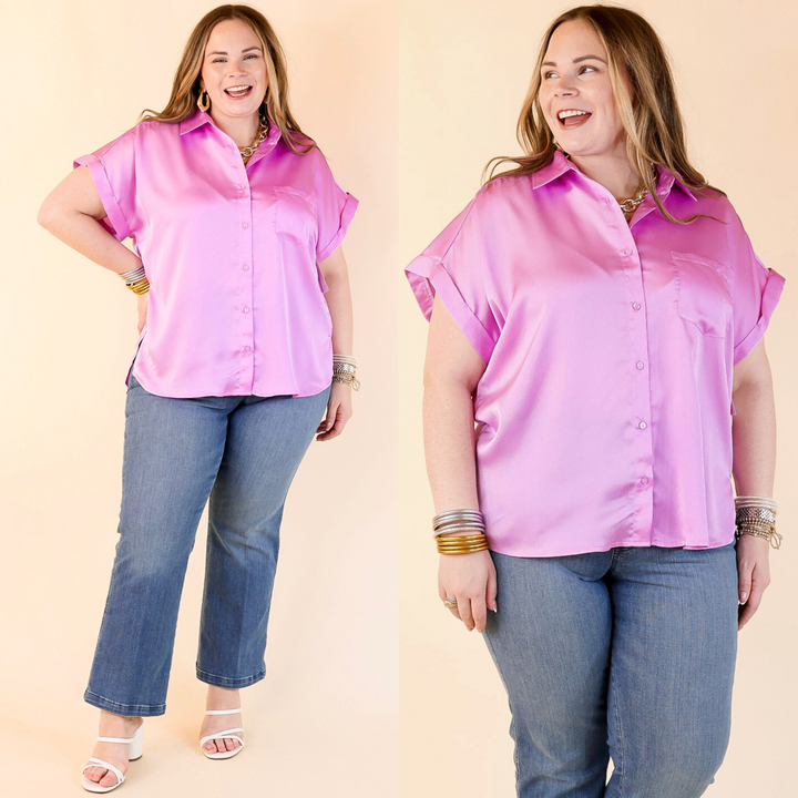 Free To Be Fab Button Up Short Sleeve Top in Lavender Purple