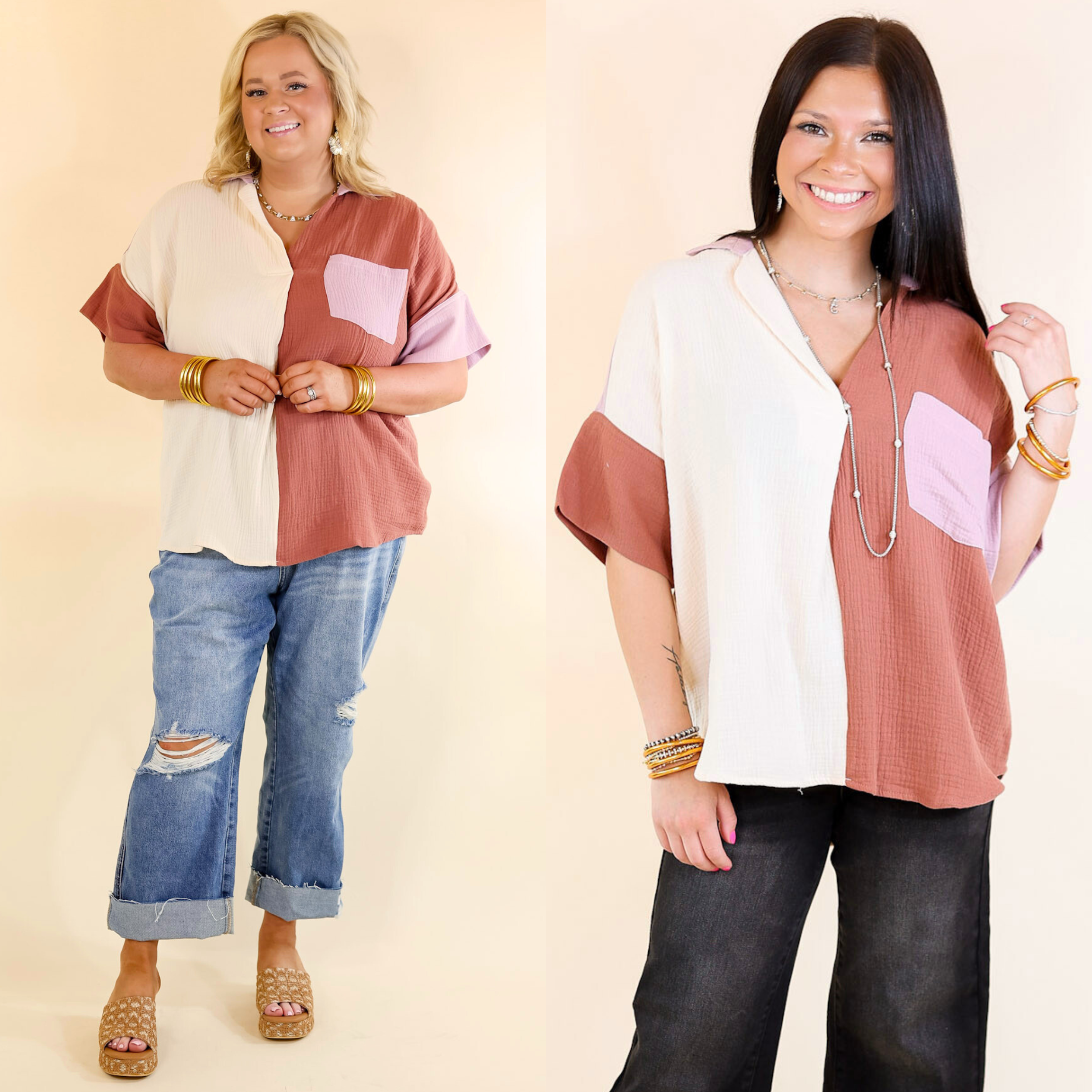 Burst of Joy Collared Color Block Top in Clay Mix