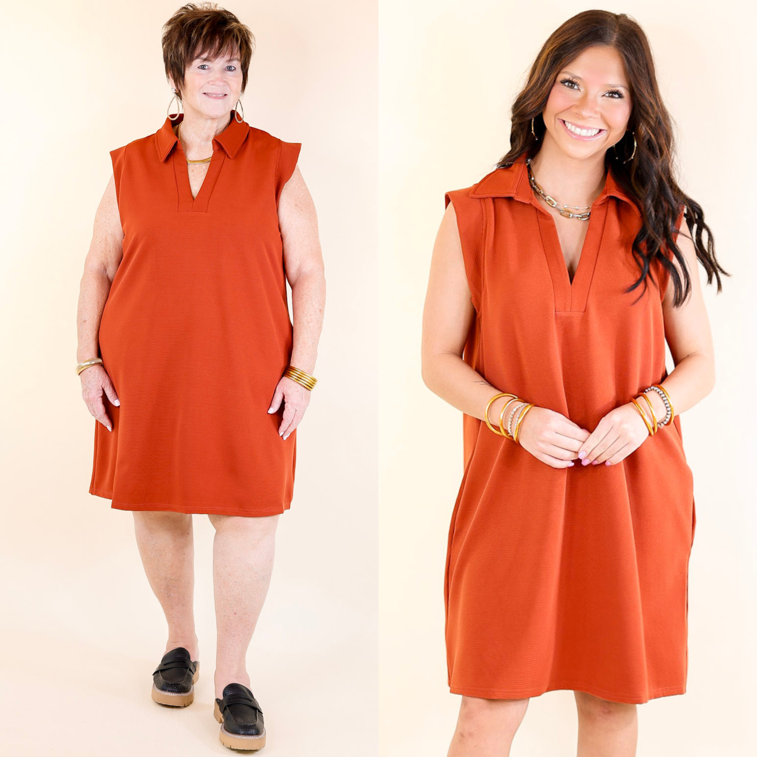 Polished Perfection Cap Sleeve Dress with Collar in Rust Orange