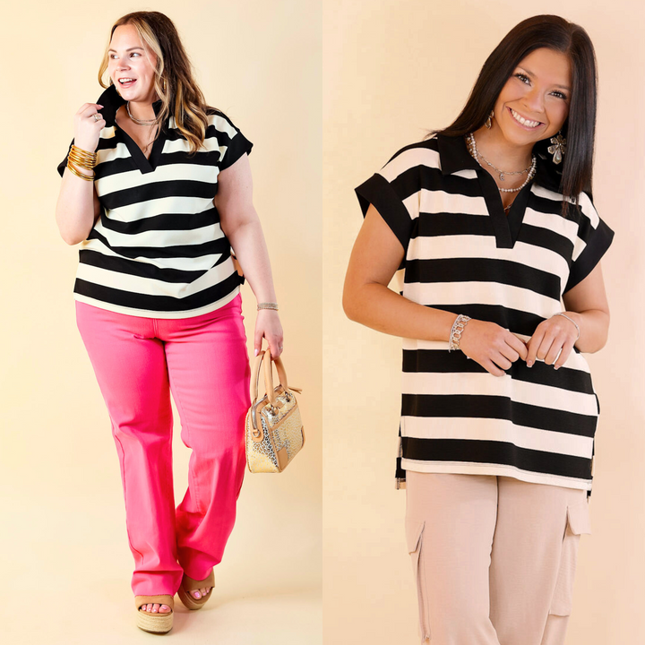Stripe it Simple Collared Stripe Top with Drop Sleeves in Black and Cream - Giddy Up Glamour Boutique