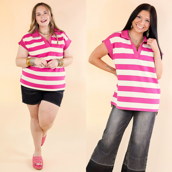 Stripe it Simple Collared Stripe Top with Drop Sleeves in Hot Pink and Cream - Giddy Up Glamour Boutique