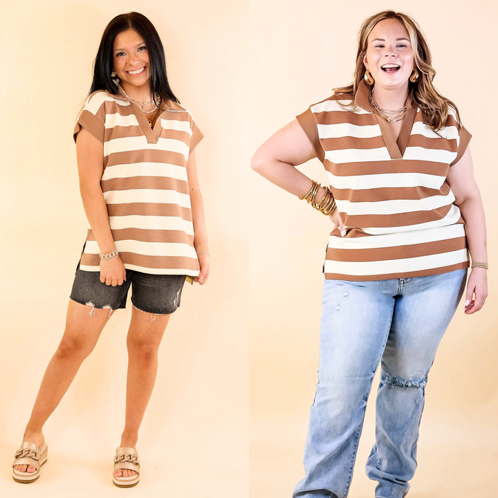 Stripe it Simple Collared Stripe Top with Drop Sleeves in Taupe and Cream - Giddy Up Glamour Boutique