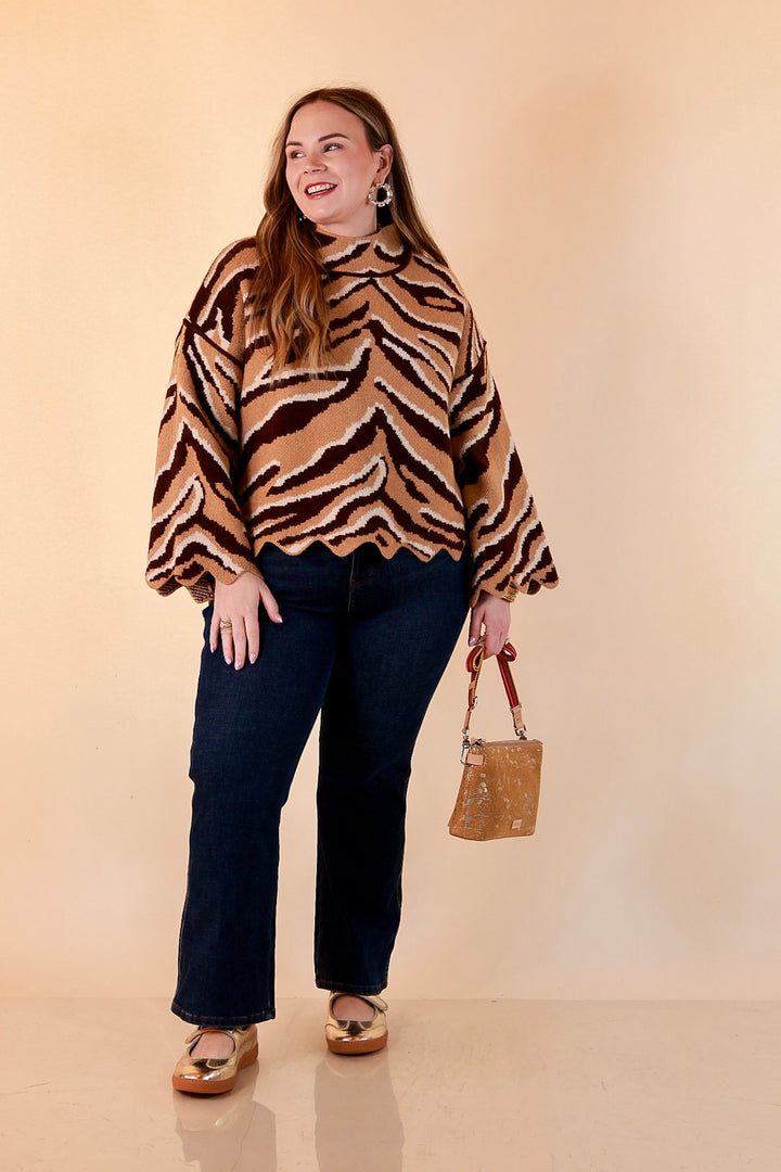 Color Me Wild Zebra Print Mock Neck Bell Sleeve Sweater with Scalloped Hem in Camel