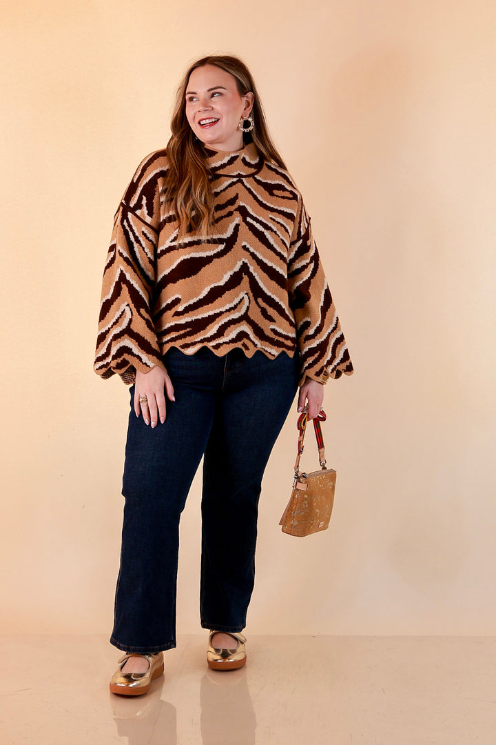 Color Me Wild Zebra Print Mock Neck Bell Sleeve Sweater with Scalloped Hem in Camel