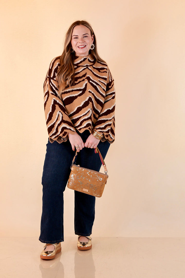 Color Me Wild Zebra Print Mock Neck Bell Sleeve Sweater with Scalloped Hem in Camel