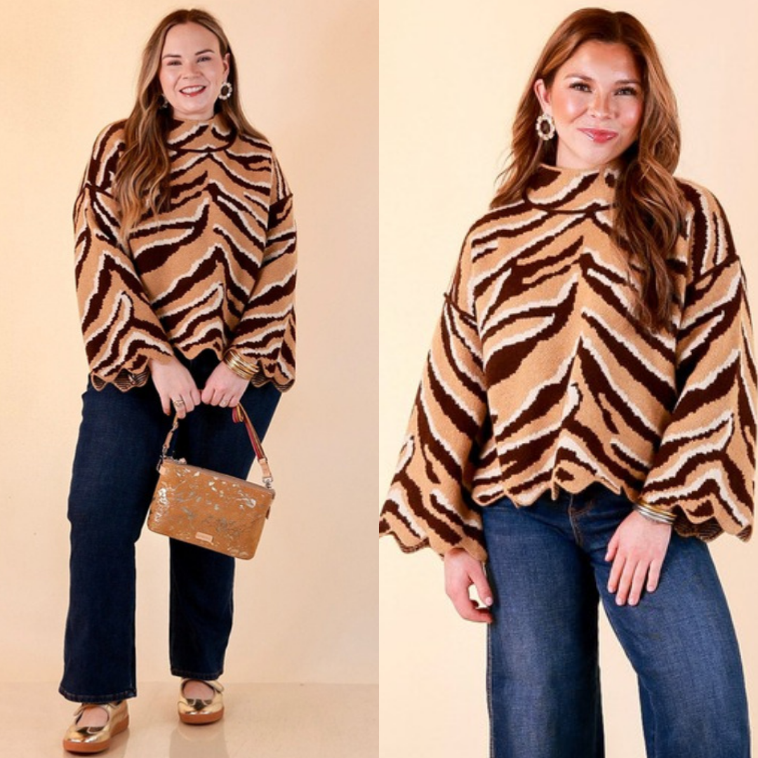 Two images of a woman wearing the Color Me Wild Zebra Print Mock Neck Bell Sleeve Sweater with Scalloped Hem in Camel on a beige background